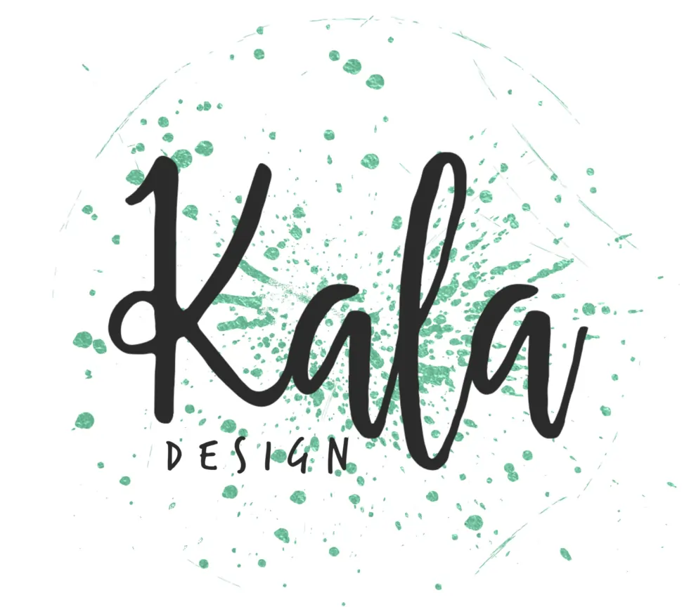 Logotipo de Kala Design con salpicaduras verdes en el fondo.